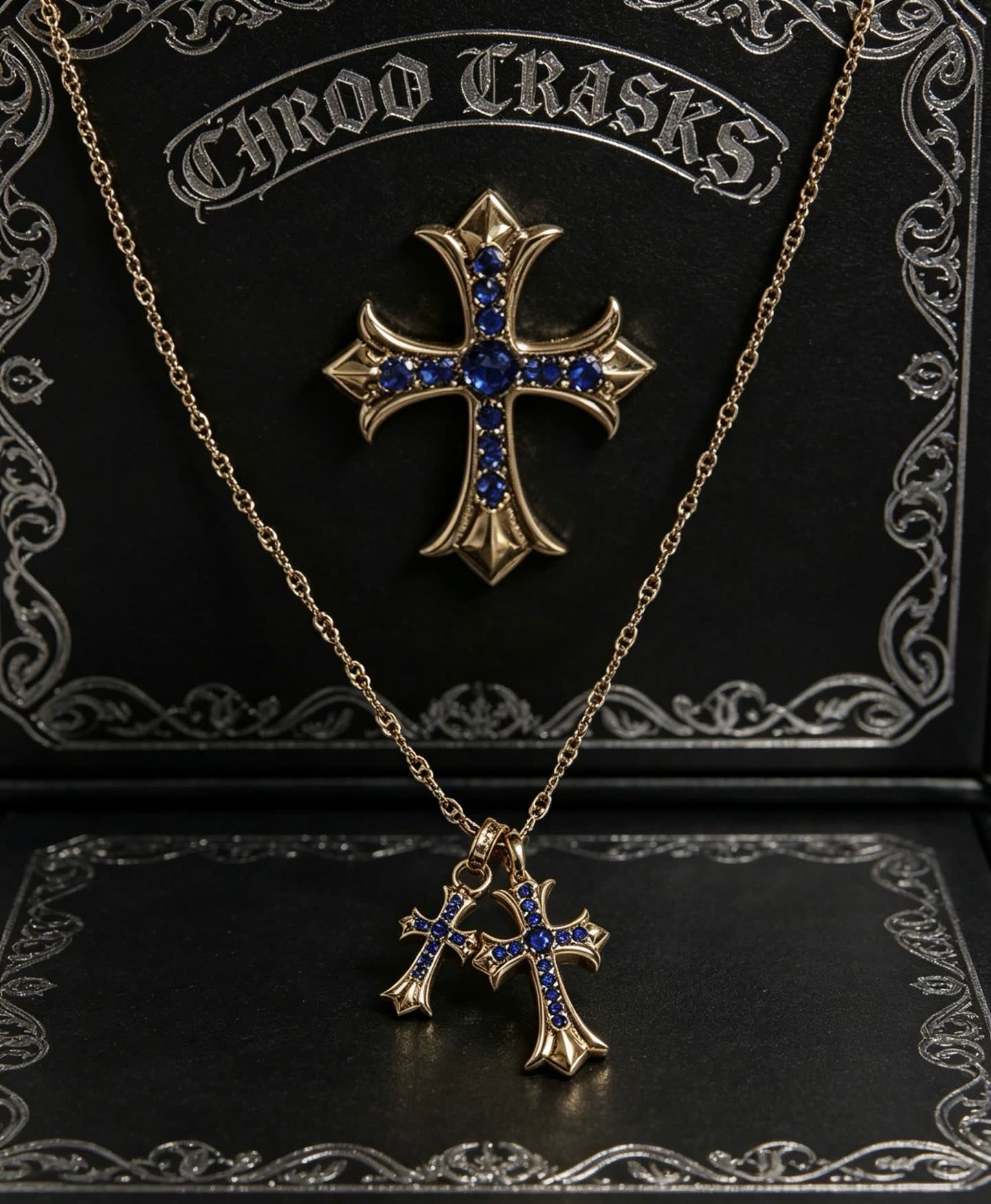 Chrome Hearts Carrera Gold-Tone Blue Crystal Cross Pendant Necklace